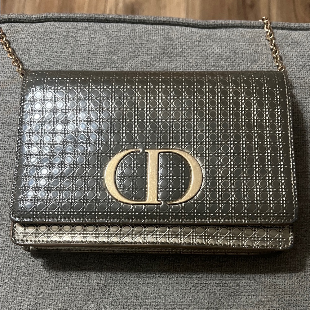 Dior Metallic Gray Crossbody Bag with Gold Chain